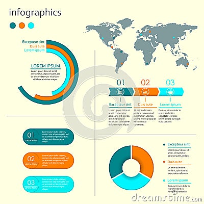 Infographics design elements set: step by step arrows, world map, circle chart, cycle diagram. Vector illustration Vector Illustration